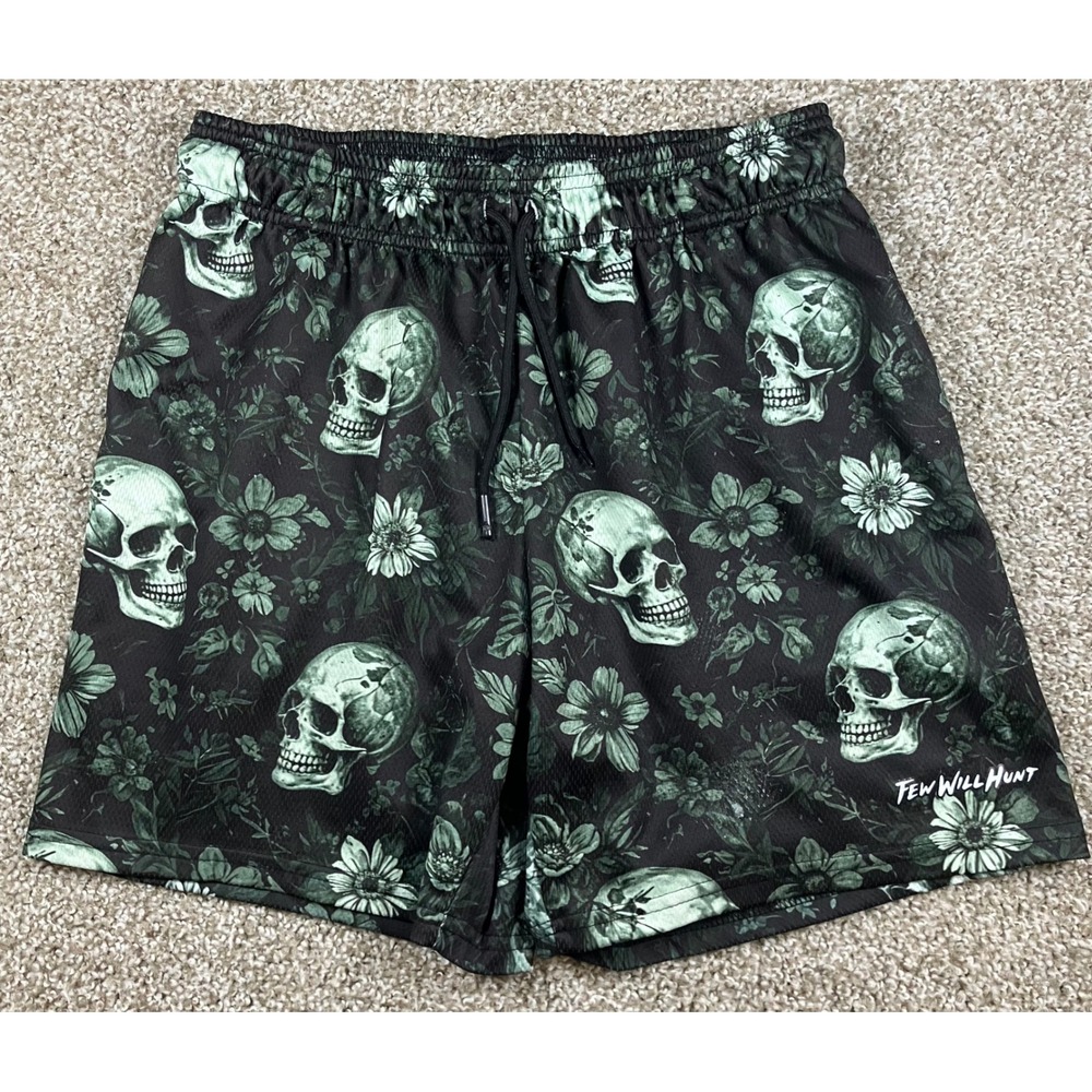 Few Will Hunt Mens Skull Floral Mesh Athletic Shorts Green Black Medium USA Made